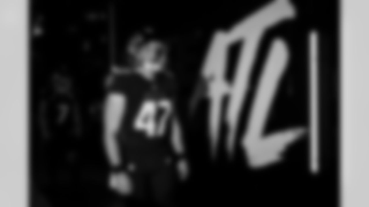 Atlanta Falcons long snapper Josh Harris #47 walks out before the game against the New Orleans Saints at Mercedes-Benz Stadium in Atlanta, Georgia on Sunday, January 9, 2022. (Photo by Brandon Magnus/Atlanta Falcons)