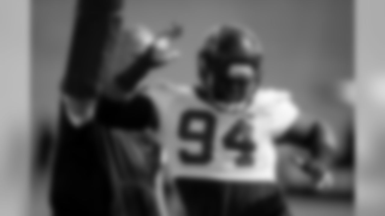 Atlanta Falcons defensive tackle Deadrin Senat #94 in action during practice. (Photo by Kara Durrette/Atlanta Falcons)