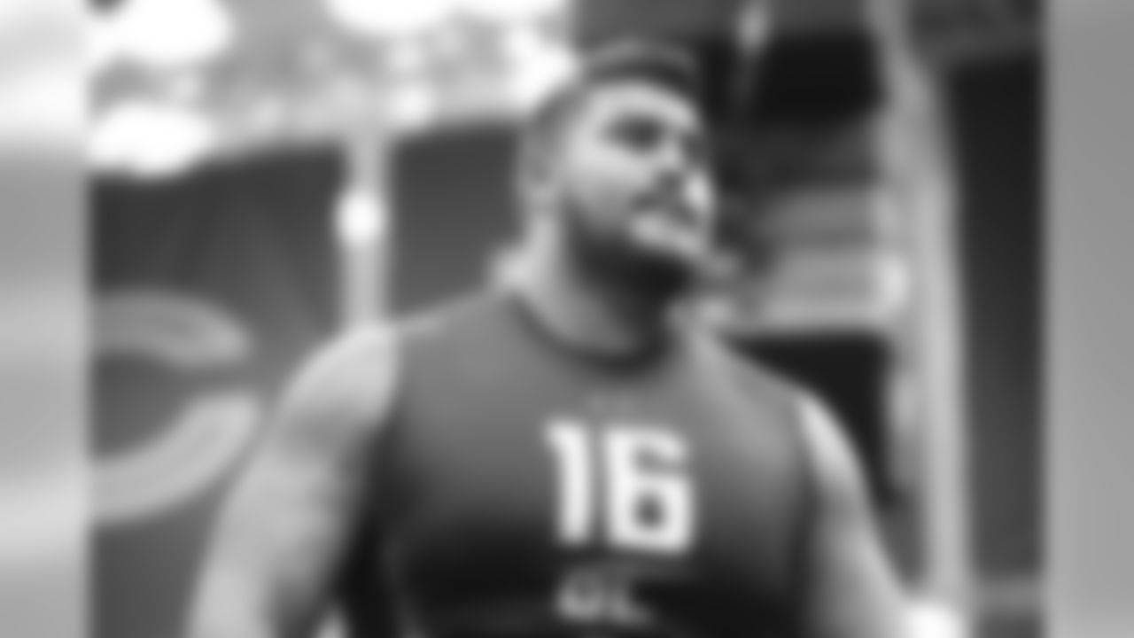UTEP offensive lineman Will Hernandez is seen after competing in the bench press at the 2018 NFL football scouting combine Thursday, March 1, 2018, in Indianapolis. (AP Photo/Gregory Payan)