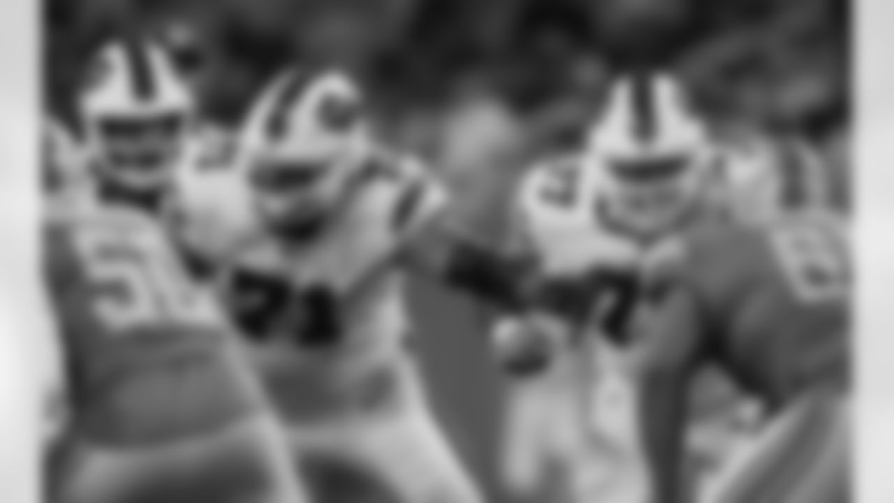 Buffalo Bills offensive tackle Ryan Bates (71) and offensive guard Jamil Douglas (77) block against the Detroit Lions during the first half of a preseason NFL football game, Friday, Aug. 13, 2021, in Detroit. (AP Photo/Duane Burleson)