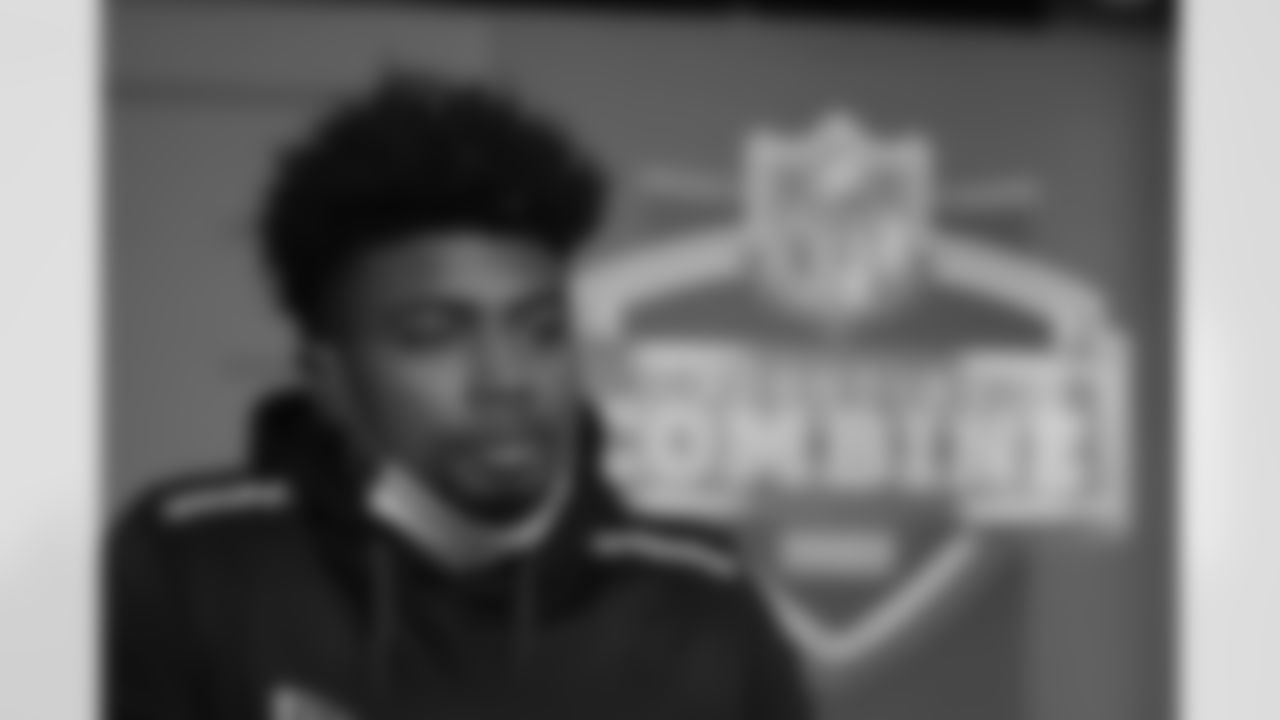Arkansas wide receiver Treylon Burks speaks during a press conference at the NFL football scouting combine, Wednesday, March 2, 2022, in Indianapolis. (AP Photo/Darron Cummings)