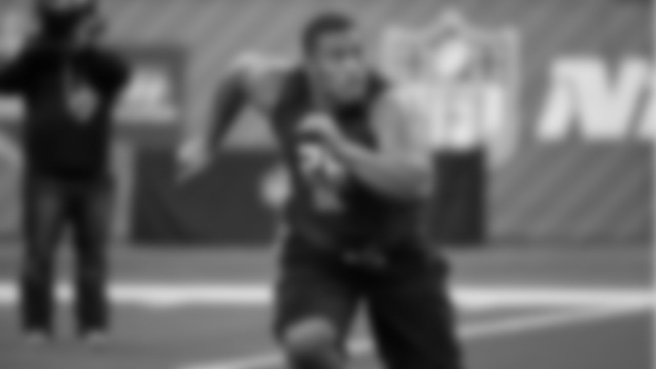 Penn State defensive lineman Austin Johnson runs a drill at the NFL football scouting combine, Sunday, Feb. 28, 2016, in Indianapolis. (AP Photo/L.G. Patterson)