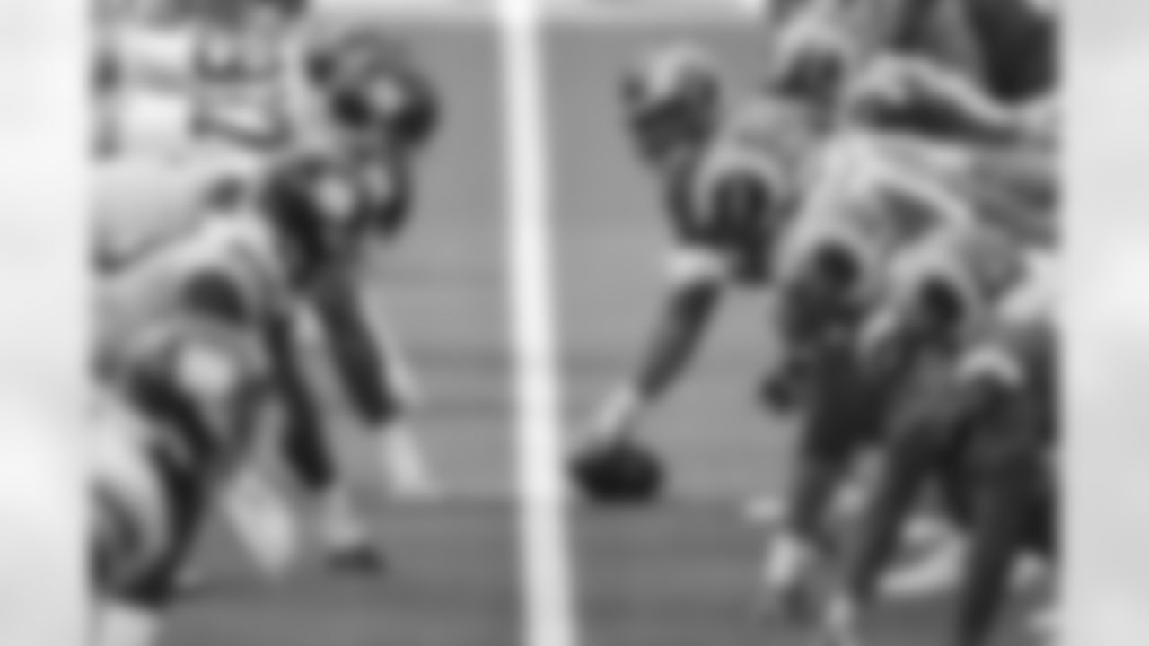The Los Angeles Rams offensive line lines up across the New York Giants defensive line during an NFL football game, Sunday, Oct. 4, 2020, in Inglewood, Calif. Rams won 17-9. (Ben Liebenberg via AP)