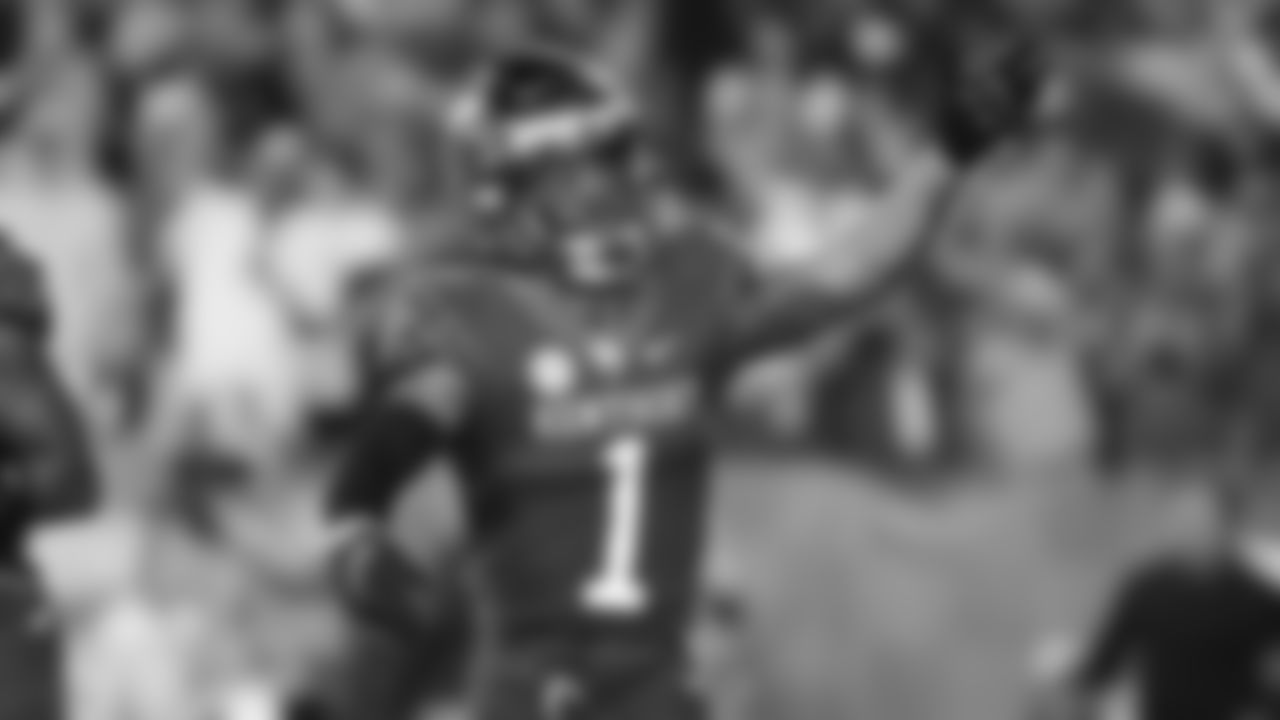 Kentucky wide receiver Wan'Dale Robinson (1) celebrates scoring a touchdown during an NCAA college football game against LSU in Lexington, Ky., Saturday, Oct. 9, 2021. (AP Photo/Michael Clubb)