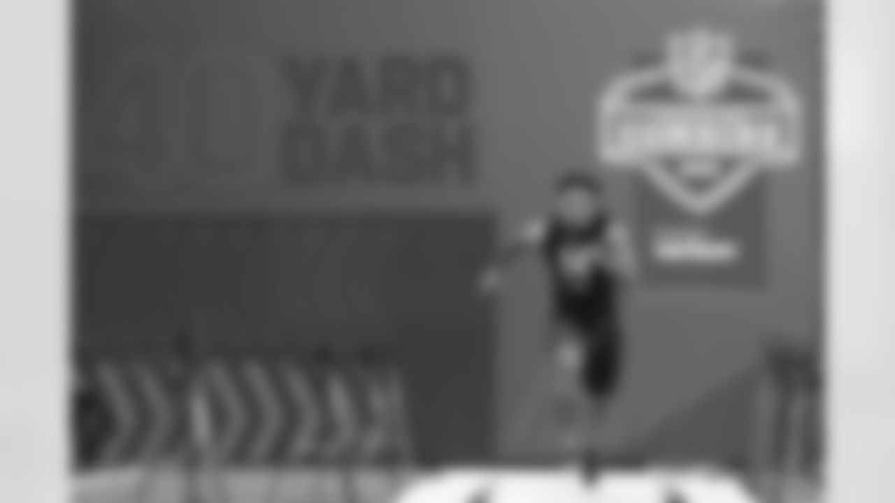 Baylor running back Trestan Ebner runs the 40-yard dash during the NFL football scouting combine, Friday, March 4, 2022, in Indianapolis. (AP Photo/Darron Cummings)