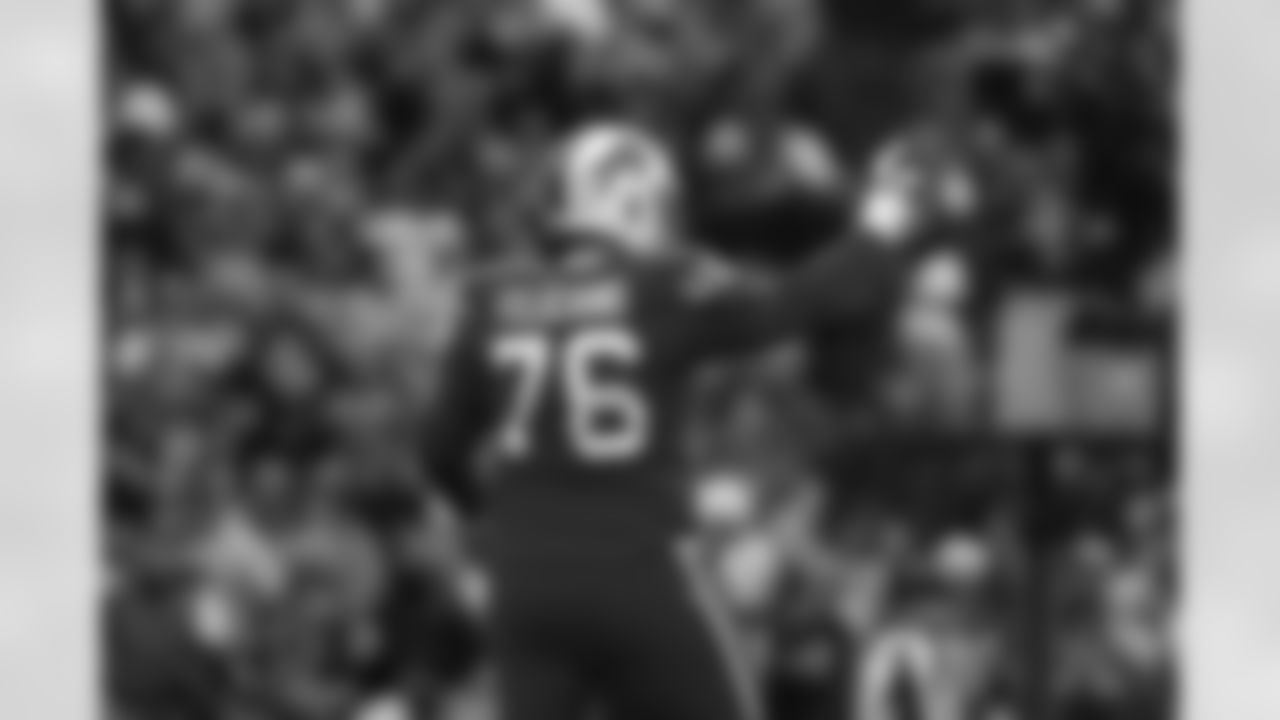 Buffalo Bills offensive guard Jon Feliciano (76) reacts during an NFL football game against the Baltimore Ravens, Sunday, Dec. 8, 2019, in Orchard Park, N.Y. Baltimore won 24-17. (Aaron M. Sprecher via AP)
