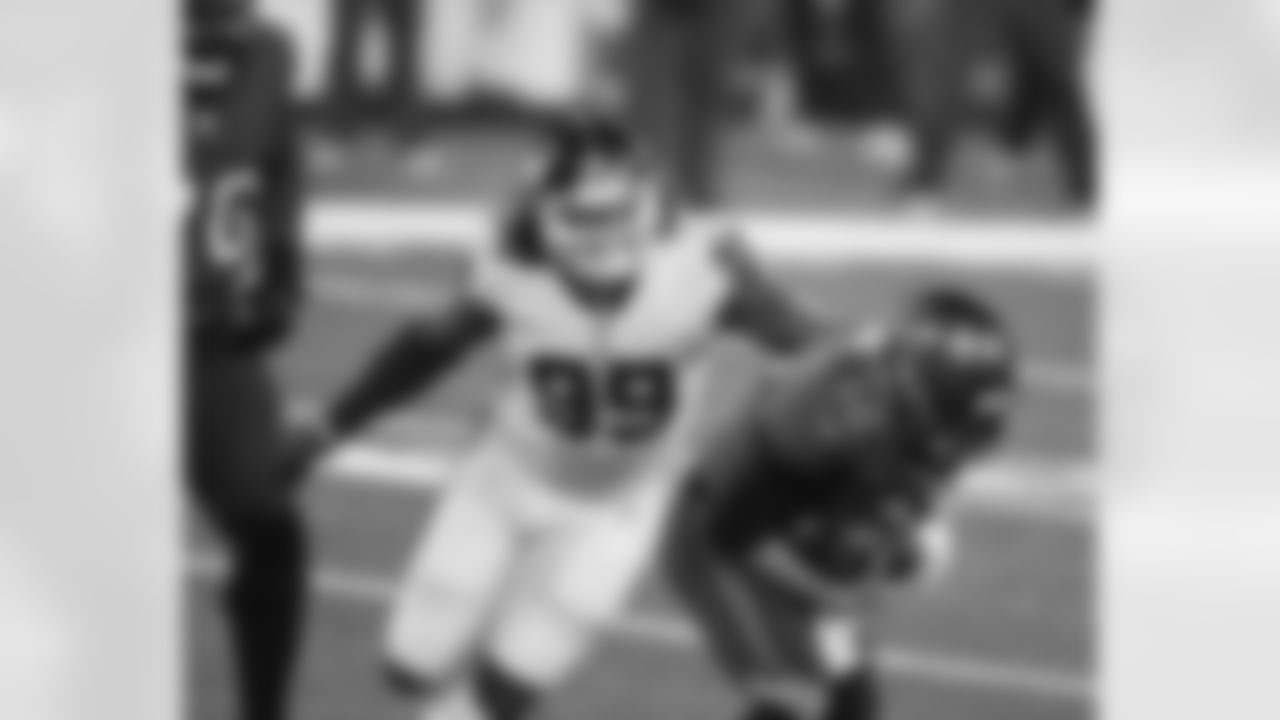 New York Giants defensive end Leonard Williams (99) sacks Tampa Bay Buccaneers quarterback Tom Brady (12) during a week 8 regular season Monday Night football game at MetLife Stadium on November 2nd, 2020 in East Rutherford, New Jersey