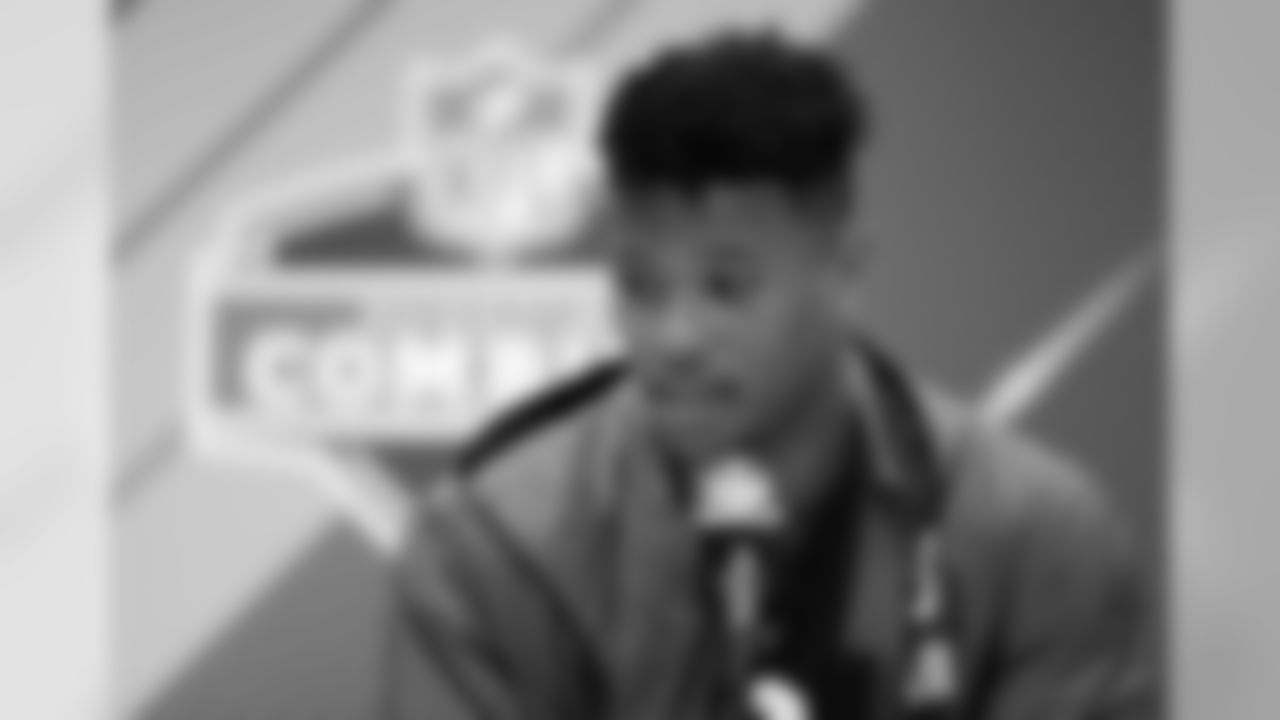 Penn State running back Saquon Barkley speaks during a press conference at the NFL football scouting combine, Thursday, March 1, 2018, in Indianapolis. (AP Photo/Darron Cummings)
