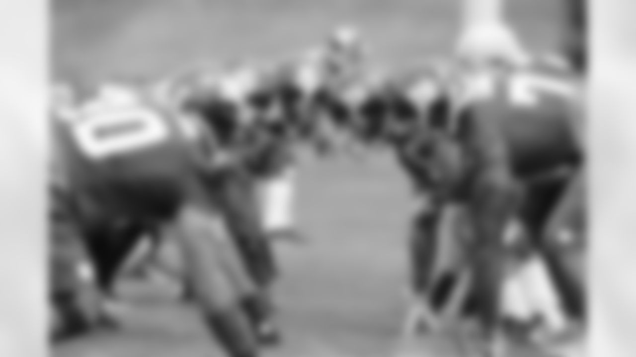 A Look down the line of scrimmage as the New York Giants practice during training camp on July 27, 2012 at the University of Albany in Albany, New York