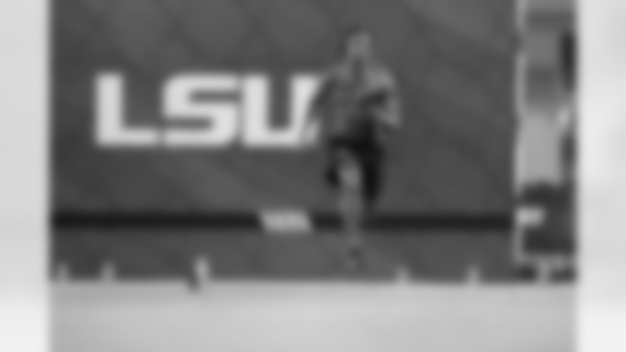 LSU cornerback Darren Evans (24) runs through drills during LSU Pro Day in Baton Rouge, La., Wednesday, April 6, 2022. (AP Photo/Gerald Herbert)