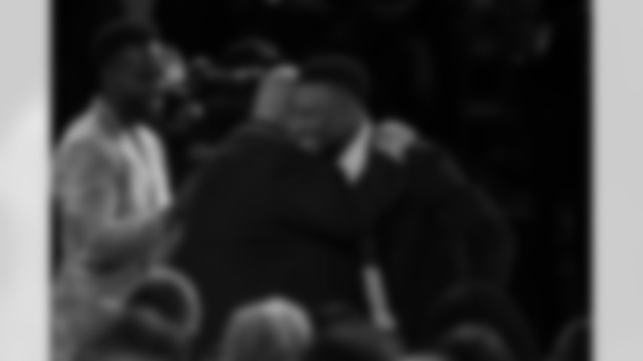 New York Giants head coach Brian Daboll embraces New York Giants running back Saquon Barkley (26) after winning the Coach of the Year award during the NFL Honors awards show on Thursday, February 9, 2023 in Phoenix, Arizona. (Caitlyn Epes/NFL)