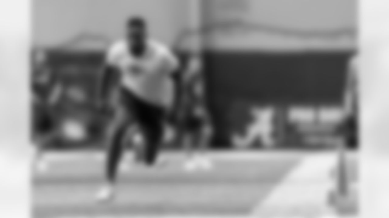Former Alabama football player Jalyn Armour-Davis participates in shuttle drills at Alabama's NFL Pro Day, Wednesday, March 30, 2022, in Tuscaloosa, Ala. (AP Photo/Vasha Hunt)