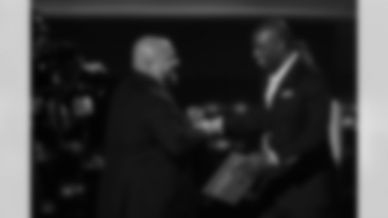 New York Giants head coach Brian Daboll accepts the award for Coach of the Year from Deion Sanders during the NFL Honors awards show on Thursday, February 9, 2023 in Phoenix, Arizona. (Caitlyn Epes/NFL)