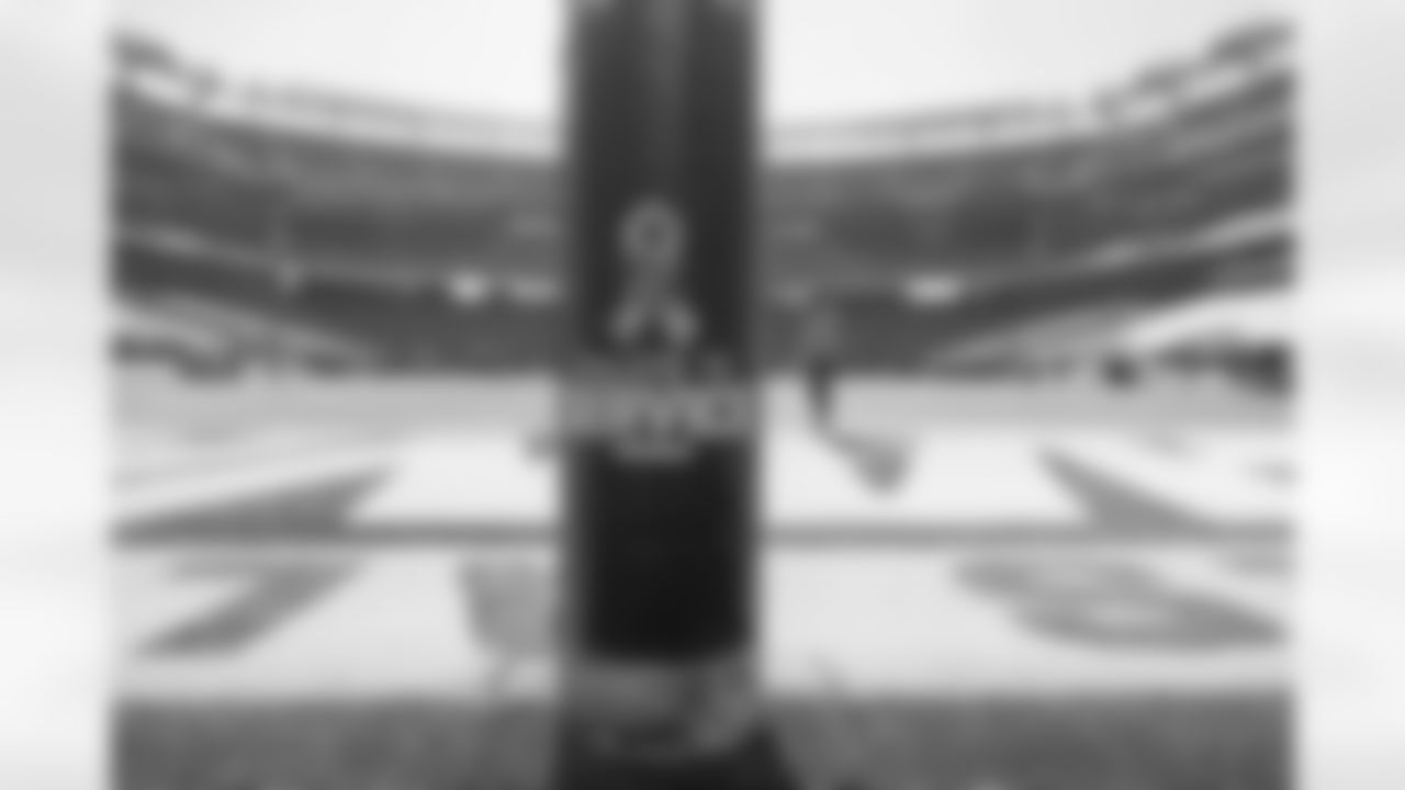 A close up, detail view of a Salute to Service goal post wrap before an NFL football game between the New York Giants and the Las Vegas Raiders, Sunday, Nov. 7, 2021, in East Rutherford. N.J. (AP Photo/Steve Luciano)