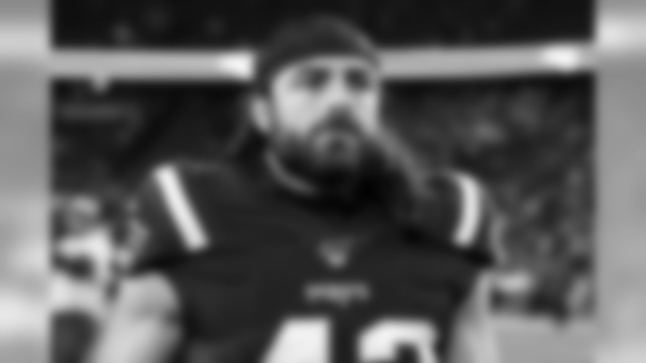 New England Patriots defensive back Nate Ebner (43) after an NFL football game against the Kansas City Chiefs, Sunday, Dec. 8, 2019, in Foxborough, Mass. The Chiefs won 23-16. (Aaron Doster via AP)