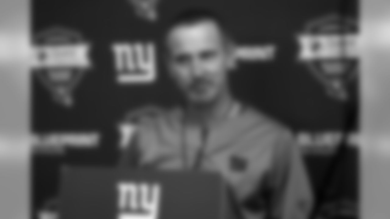 New York Giants defensive coordinator Steve Spagnuolo talks to reporters during NFL football rookie minicamp , Friday, May 12, 2017, in East Rutherford, N.J. (AP Photo/Julio Cortez)