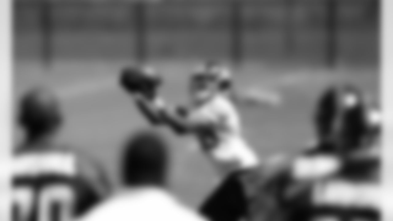 Players look on as TE Larry Donnell hauls in a pass during the first day of the Giants rookie minicamp.