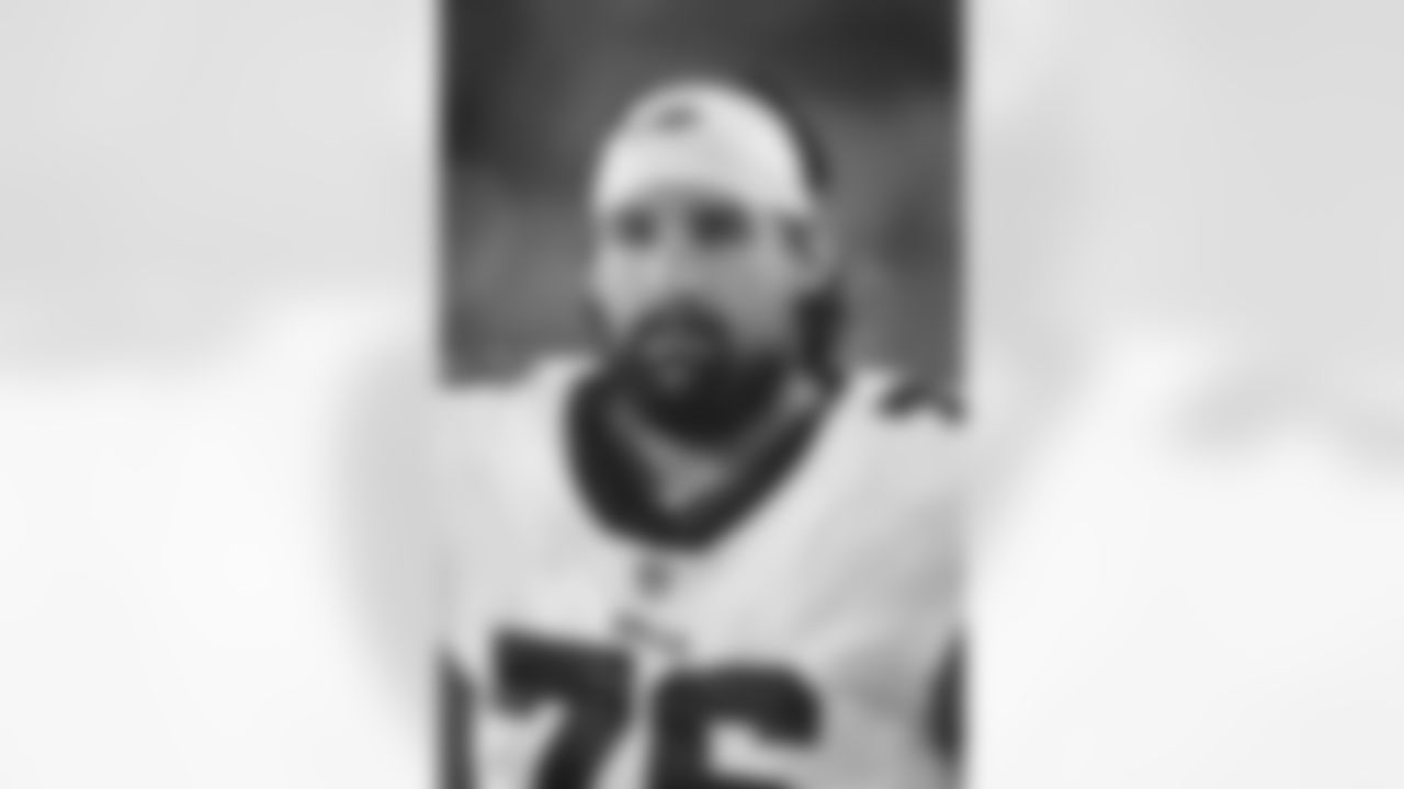 Buffalo Bills guard Jon Feliciano (76) takes a break in an NFL game against the Tennessee Titans, Monday, Oct.18, 2021, in Nashville, Tenn. The Titans defeated the Bills 34-31. (Margaret Bowles via AP)