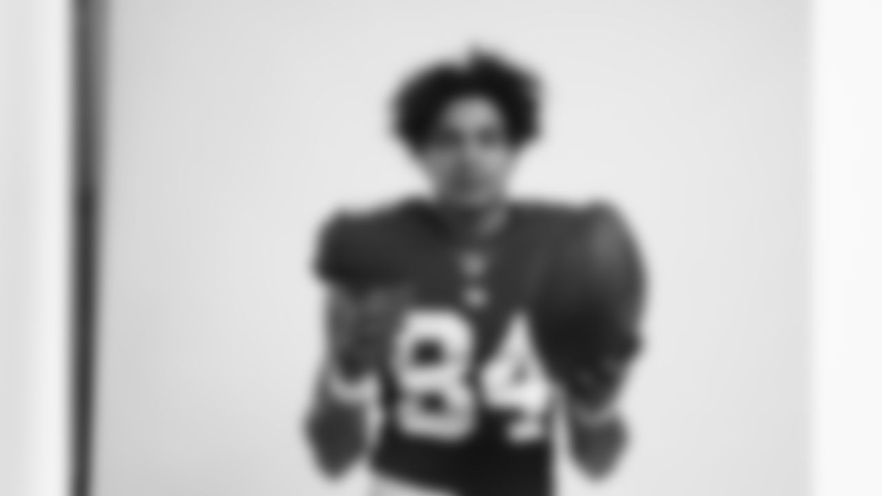 New York Giants wide receiver Jalin Hyatt (84) poses for a portrait during the NFLPA Rookie Premiere on Saturday, May 20, 2023 Los Angeles. (Ben Liebenberg/NFL)