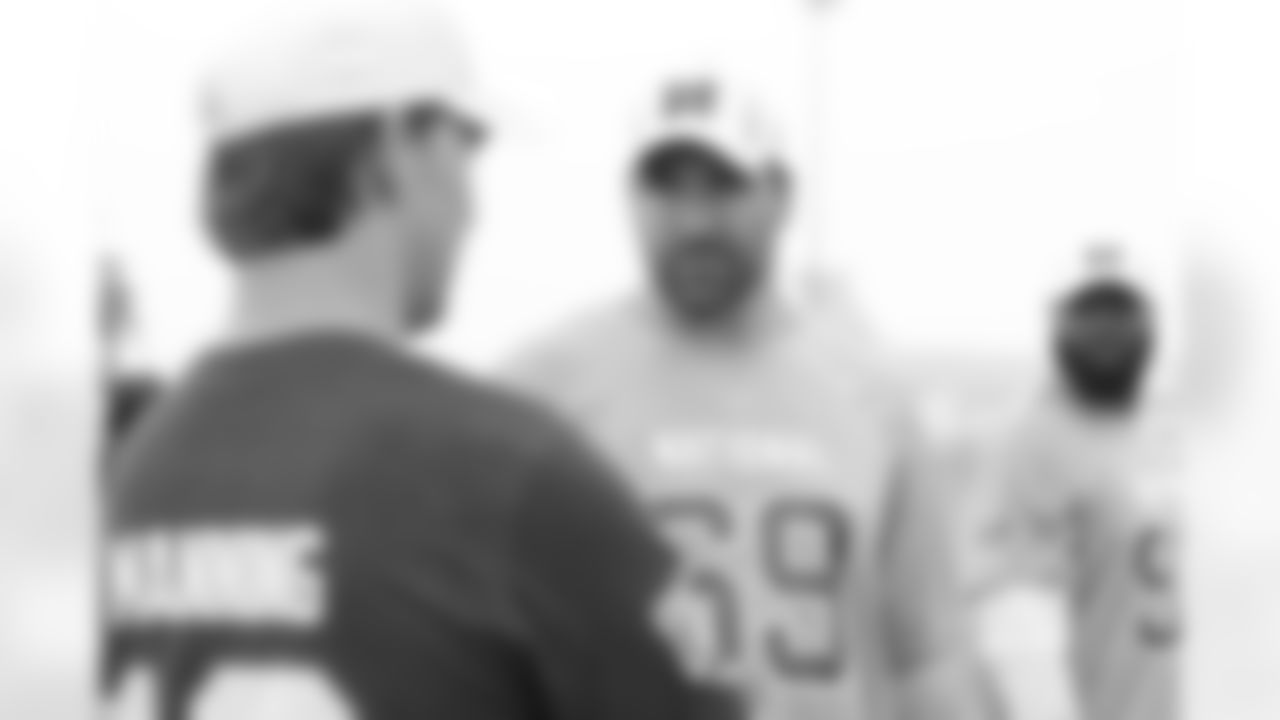 Minnesota Vikings defensive end Jared Allen (69) of the NFC talks with New York Giants quarterback Eli Manning (10) of the NFC during Pro Bowl practice at Joint Base Pearl Habor-Hickam in Honolulu, Hawaii on Thursday, January 24, 2013. (Perry Knotts/NFL)
