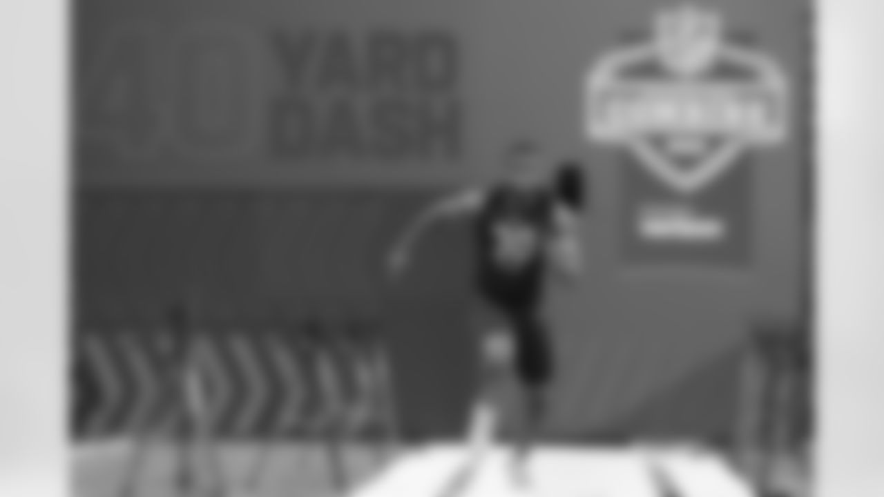 South Dakota State running back Pierre Strong runs the 40-yard dash during the NFL football scouting combine, Friday, March 4, 2022, in Indianapolis. (AP Photo/Darron Cummings)