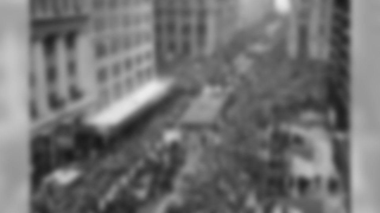 The New York Giants get a tickertape parade as they head up the Canyon of Heroes, Tuesday, Feb. 7, 2012 in New York. The Giants defeated the New England Patriots Sunday in the Super Bowl. (AP Photo/Mark Lennihan)