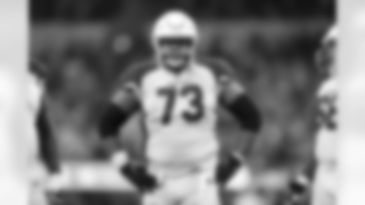 Arizona Cardinals offensive lineman Max Garcia (73) waits to huddle during an NFL wild-card playoff football game against the Los Angeles Rams, Monday, Jan. 17, 2022. The Rams won 34-11. (Greg Trott via AP)