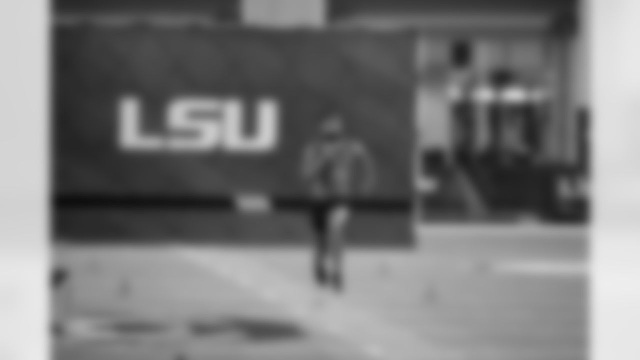 LSU cornerback Cordale Flott runs through drills during LSU Pro Day in Baton Rouge, La., Wednesday, April 6, 2022. (AP Photo/Gerald Herbert)