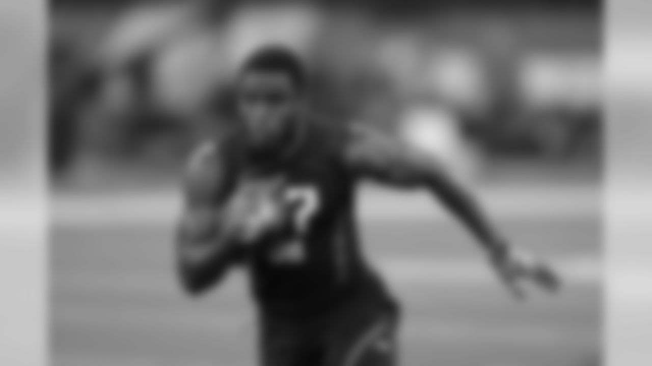 Temple defensive back Sean Chandler runs a drill during the NFL football scouting combine, Monday, March 5, 2018, in Indianapolis. (AP Photo/Darron Cummings)
