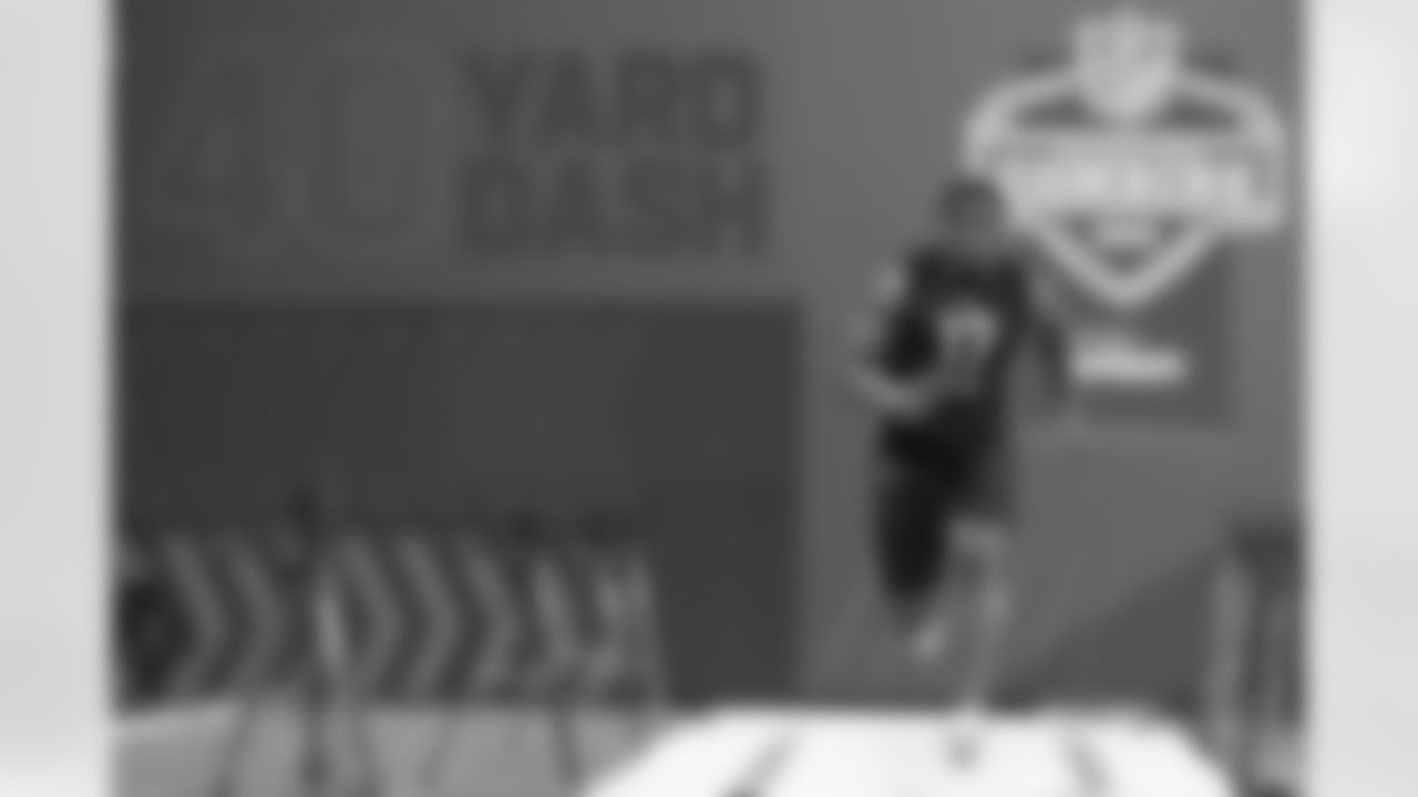 Iowa State running back Breece Hall runs the 40-yard dash during the NFL football scouting combine, Friday, March 4, 2022, in Indianapolis. (AP Photo/Darron Cummings)