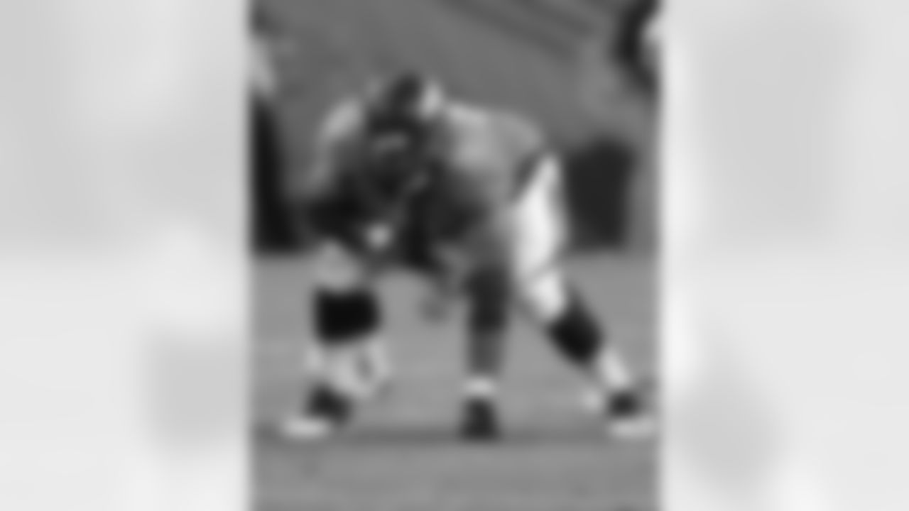 Denver Broncos guard Max Garcia (76) lines up in a three-point stance during an NFL game against the Carolina Panthers on Thursday, September 8, 2016. The Broncos defeated the Panthers 21-20. (Kevin Terrell via AP)