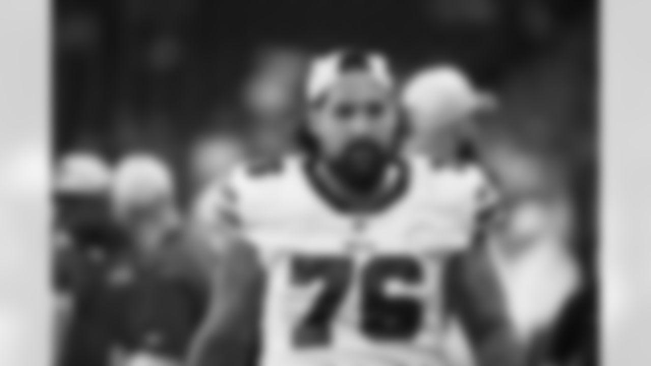Buffalo Bills offensive guard Jon Feliciano (76) on the sideline against the Detroit Lions during an NFL preseason football game, Friday, Aug. 13, 2021, in Detroit. (AP Photo/Rick Osentoski)