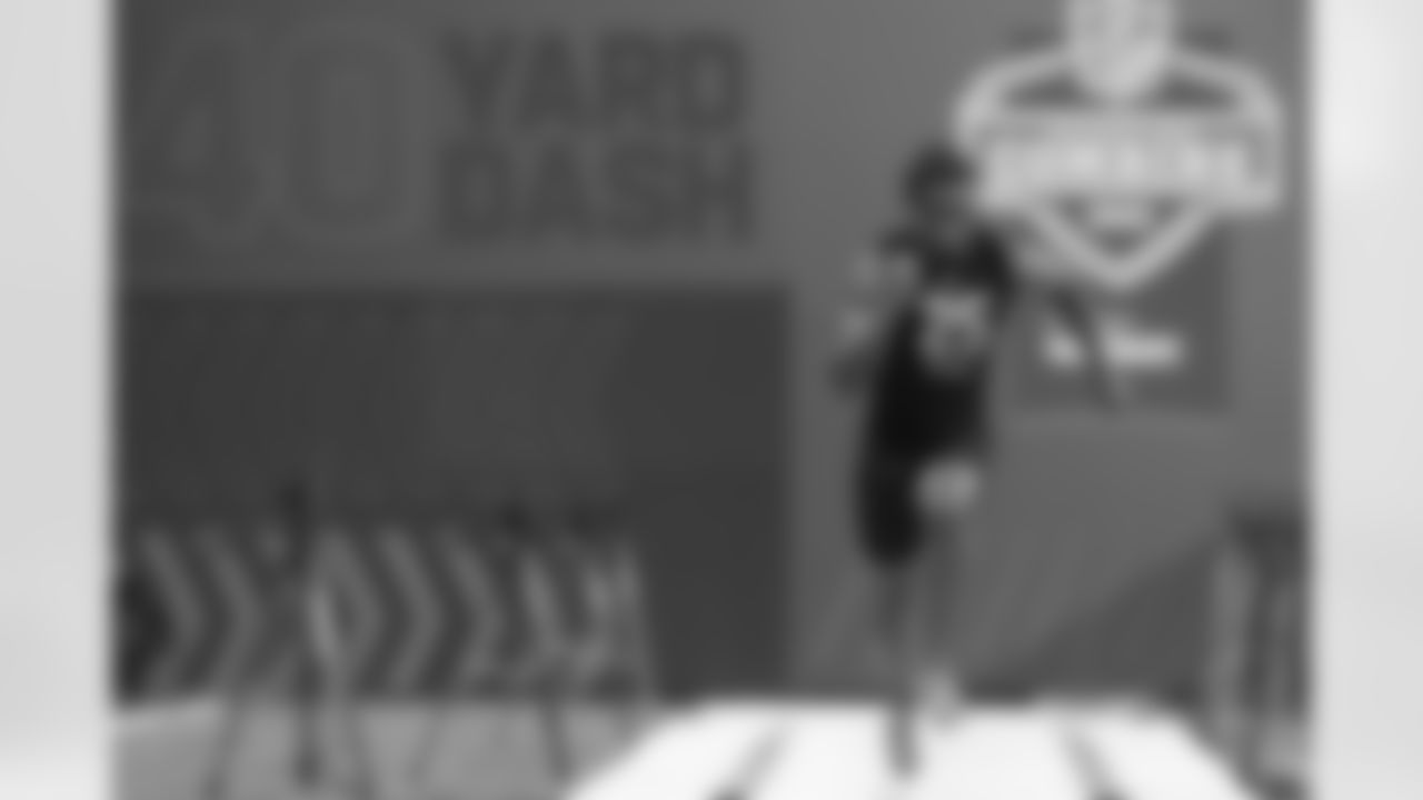 Florida Int running back D'Vonte Price runs the 40-yard dash during the NFL football scouting combine, Friday, March 4, 2022, in Indianapolis. (AP Photo/Darron Cummings)
