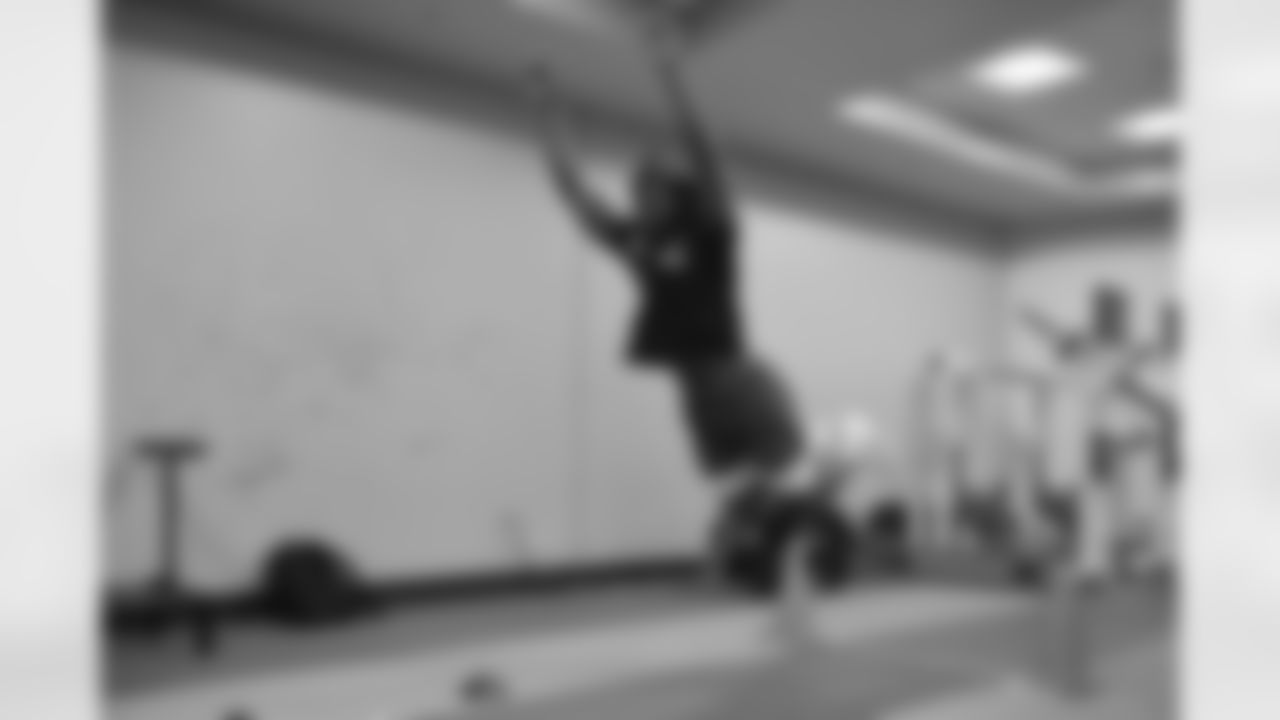 Oklahoma State Cowboys cornerback Rodarius Williams attempts a broad jump during the pro day event, Thursday, April 1, 2021 in Stillwater, Okla. (Alika Jenner via AP)