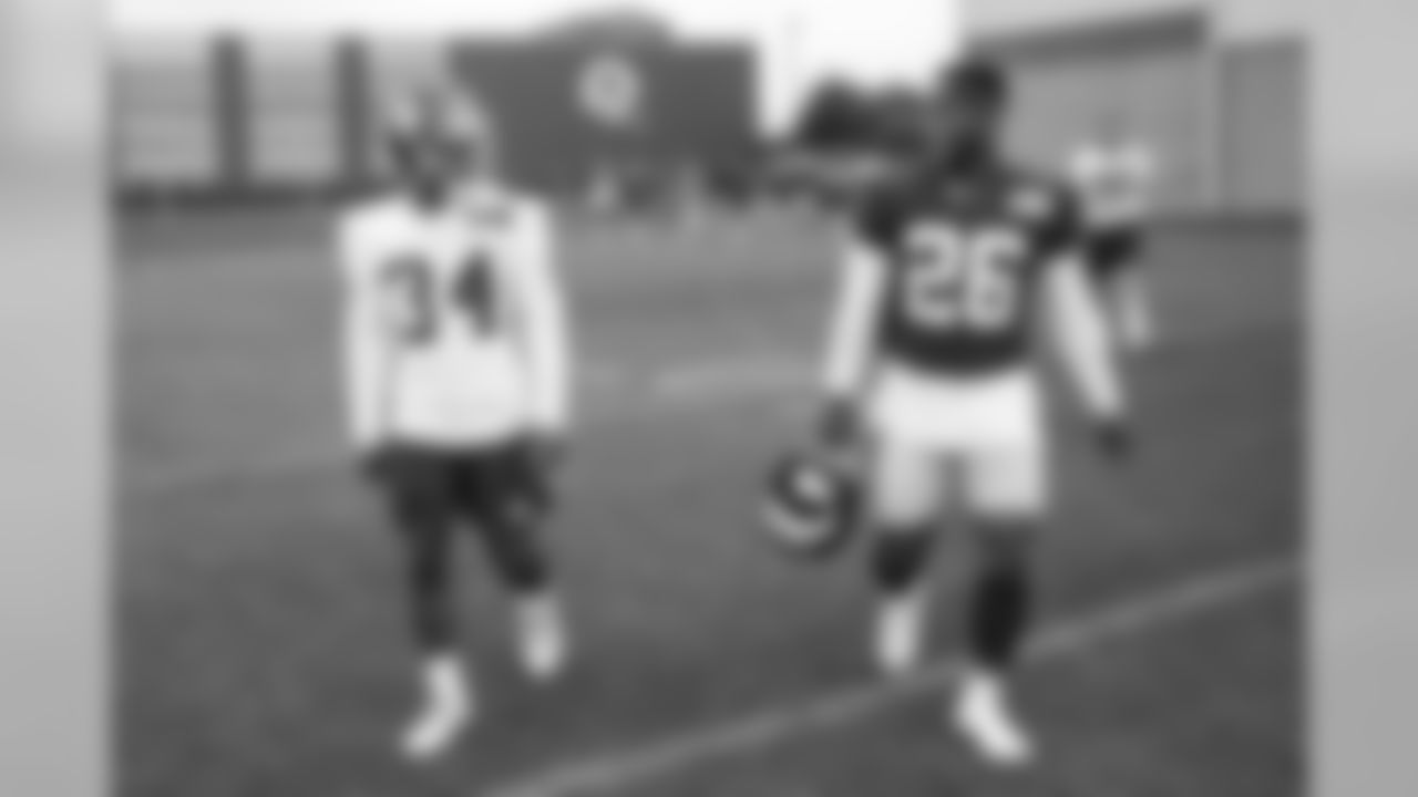 CB Grant Haley (34) & RB Saquon Barkley (26) at New York Giants Training Camp 2019 at Quest Diagnostics Training Center in East Rutherford, NJ