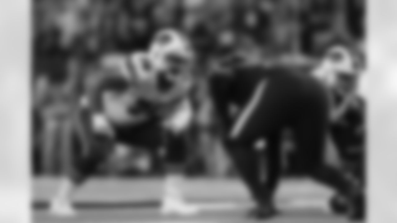 Buffalo Bills offensive guard Jon Feliciano (76) lines up on the line of scrimmage during in an NFL wild-card playoff football game against the Houston Texans, Saturday, Jan. 4, 2020, in Houston. Houston won 22-19 in overtime. (Aaron M. Sprecher via AP)