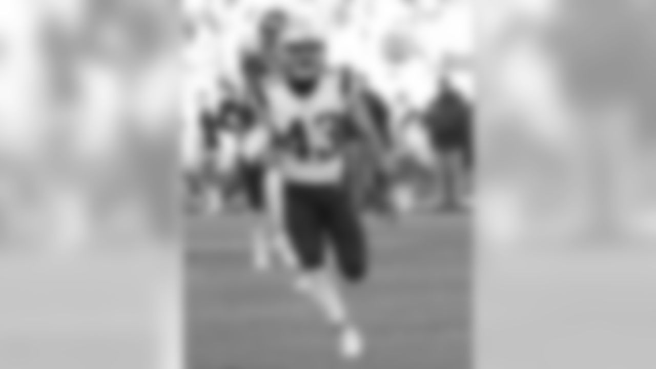 New England Patriots safety Nate Ebner (43) runs in pursuit during an NFL game against the Denver Broncos on Sunday, December 18, 2016. The Patriots defeated the Broncos 16-3. (Kevin Terrell via AP)