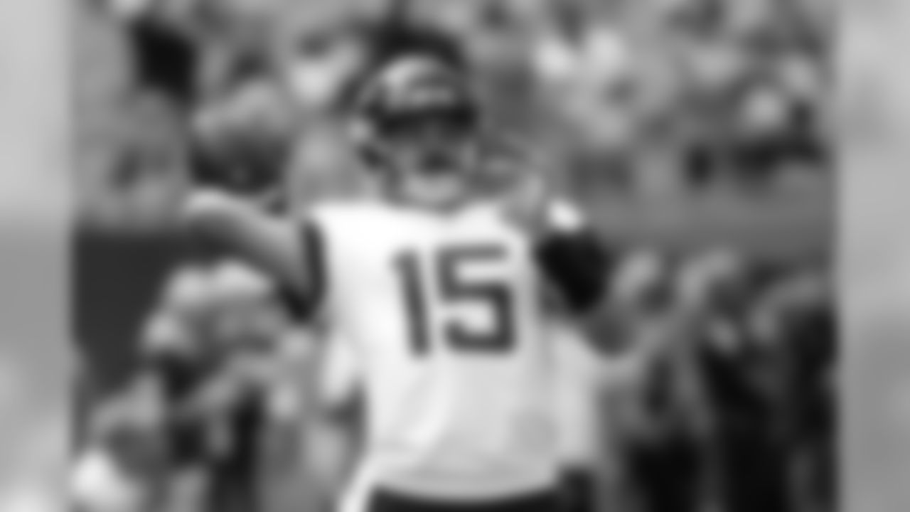 Jacksonville Jaguars quarterback Gardner Minshew (15) warms up prior to an NFL football game in Charlotte, N.C., Sunday, Oct. 6, 2019. (AP Photo/Brian Blanco)