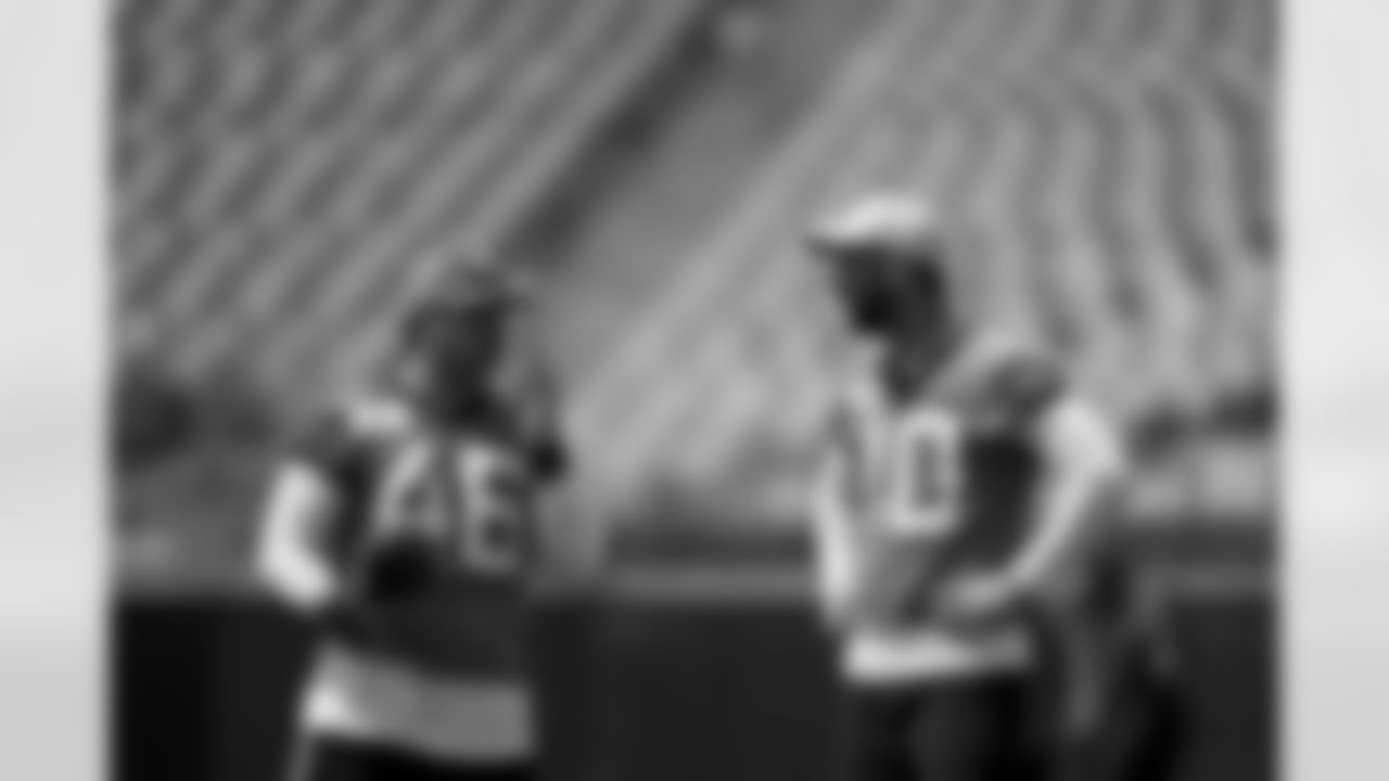 Jacksonville Jaguars long snapper Ross Matiscik (46) and kicker Brandon McManus (10) during OTAs at TIAA Bank Field in Jacksonville, FL on May 29, 2023. (Kam Nedd/Jacksonville Jaguars)