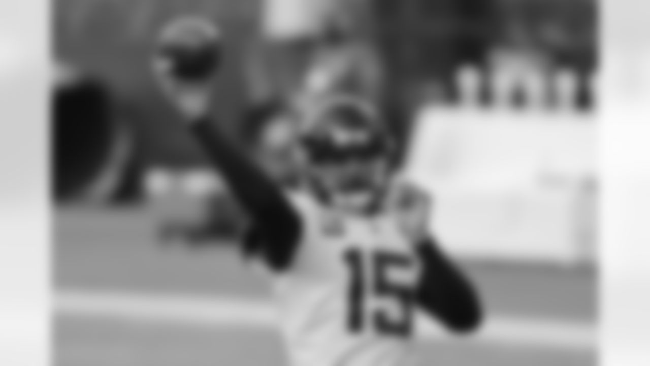 Jacksonville Jaguars quarterback Gardner Minshew II (15) throws the ball in warm ups prior to an NFL football game against the Baltimore Ravens on Sunday, December 20, 2020 in Baltimore, Maryland. (Mikey Owens/NFL)