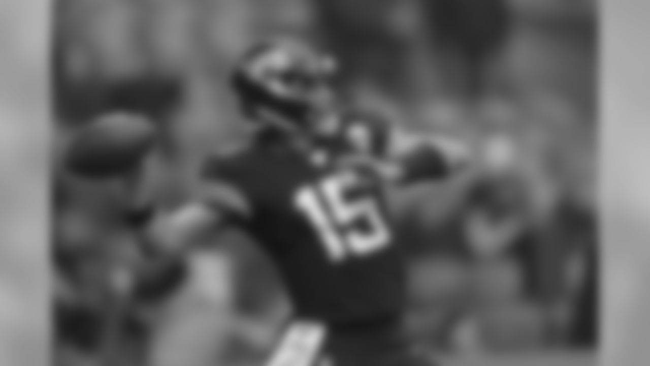 Jacksonville Jaguars quarterback Gardner Minshew (15) warms up ahead an NFL football game against the Houston Texans, at Wembley Stadium, Sunday, Nov. 3, 2019, in London. (AP Photo/Kirsty Wigglesworth)