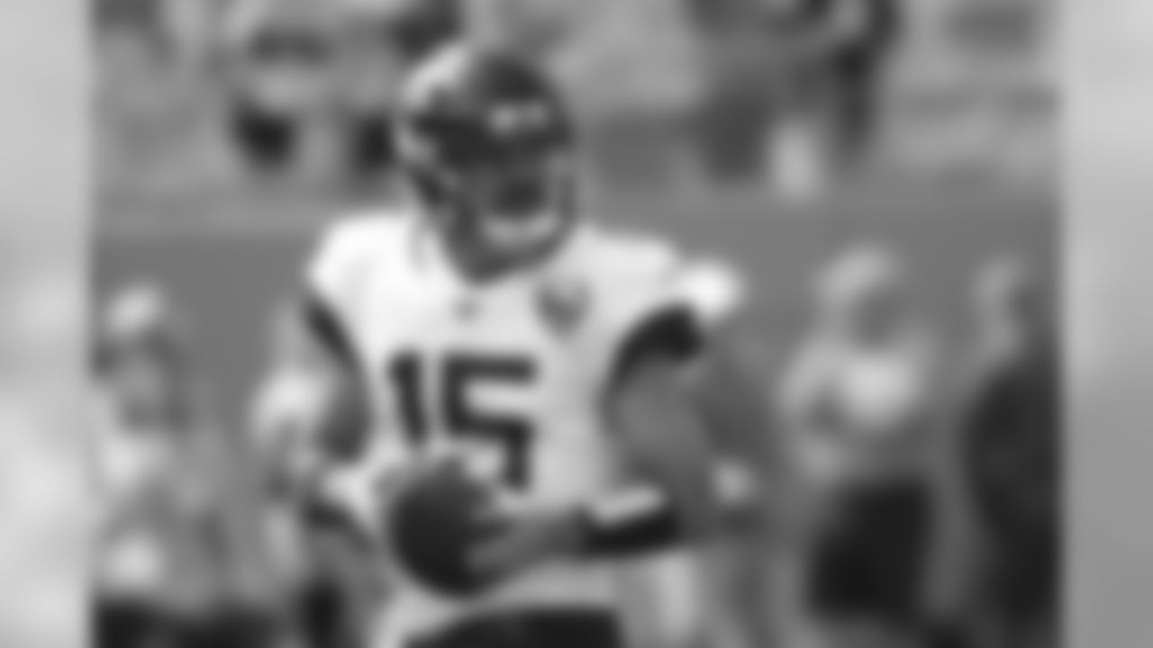 Jacksonville Jaguars quarterback Gardner Minshew (15) warms up prior to an NFL football game in Charlotte, N.C., Sunday, Oct. 6, 2019. (AP Photo/Brian Blanco)