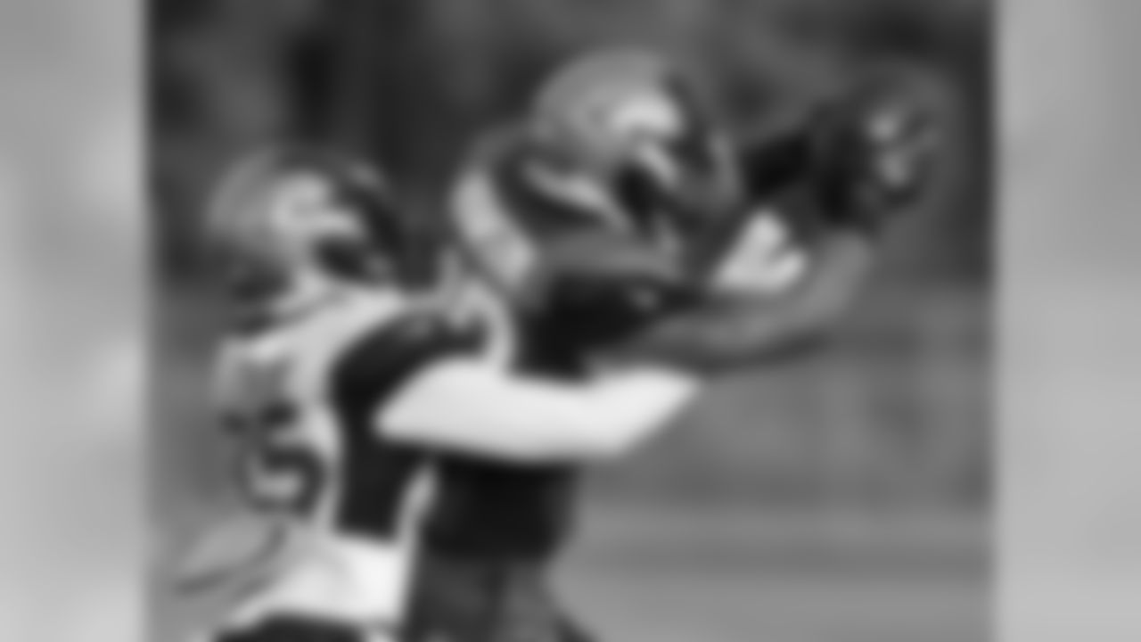 Rookie wide receiver Allen Robinson makes an impressive catch in front of second-year cornerback Demetrius McCray at the team's St. Johns County practice.
