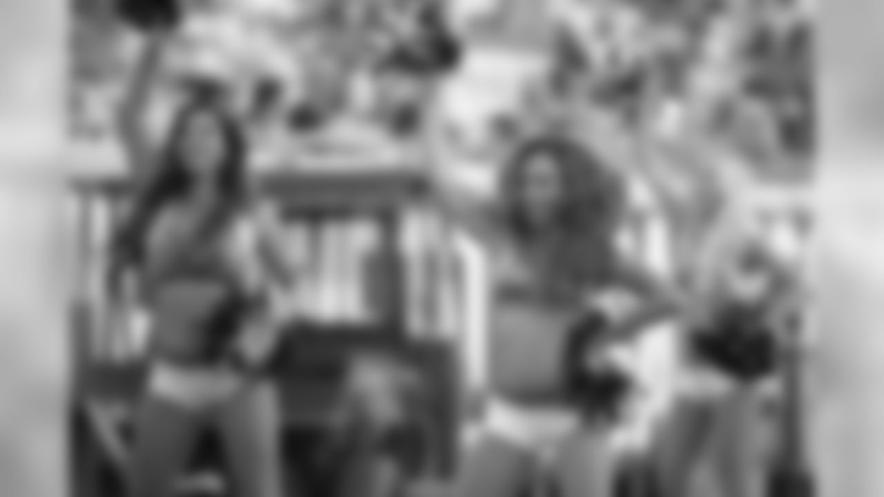 The Jacksonville Jaguars cheerleaders perform on the sideline during the first half of a preseason NFL football game against the Atlanta Falcons Thursday, Aug. 29, 2019, in Jacksonville, Fla. (AP Photo/Phelan M. Ebenhack)