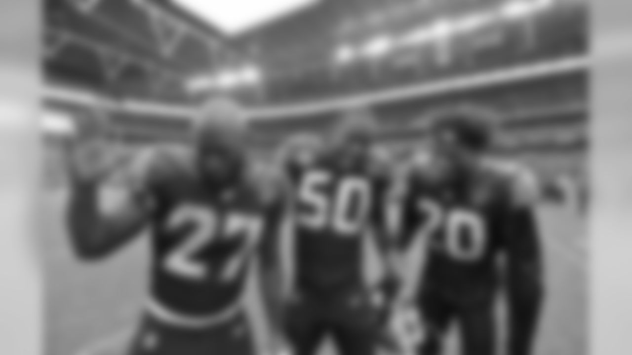 Jacksonville Jaguars Leonard Fournette (27), Telvin Smith (50) and Jalen Ramsey (20) celebrate the Jags 44-7 victory against the Baltimore Ravens in an NFL game Sunday, September 24, 2017 in London, U.K. (Rick Wilson via AP)