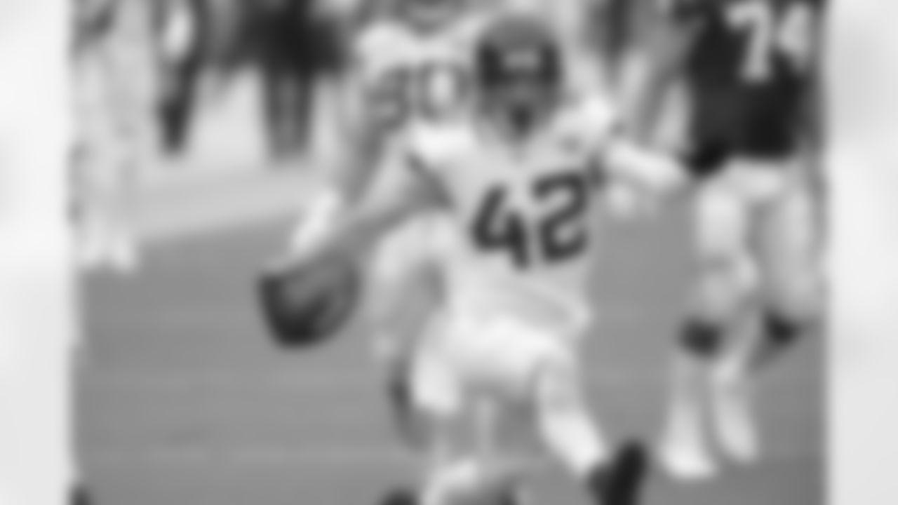 Jacksonville Jaguars safety Andrew Wingard (42) celebrates after intercepting an Indianapolis Colts pass with 4:24 to play in the game during an NFL football game, Sunday, September 13, 2020 in Jacksonville, Fla.