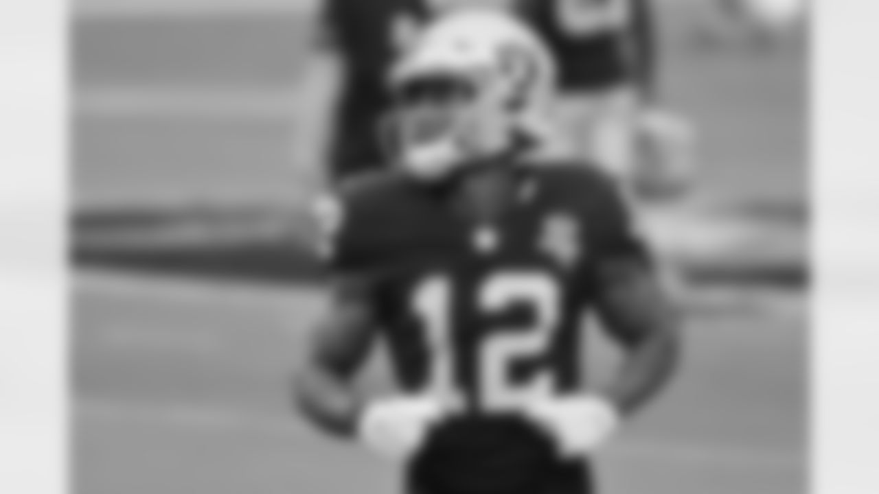 Las Vegas Raiders wide receiver Zay Jones (12) warms up before an NFL football game against the Las Vegas Raiders, Sunday, Oct. 4, 2020, in Las Vegas. (AP Photo/David Becker)