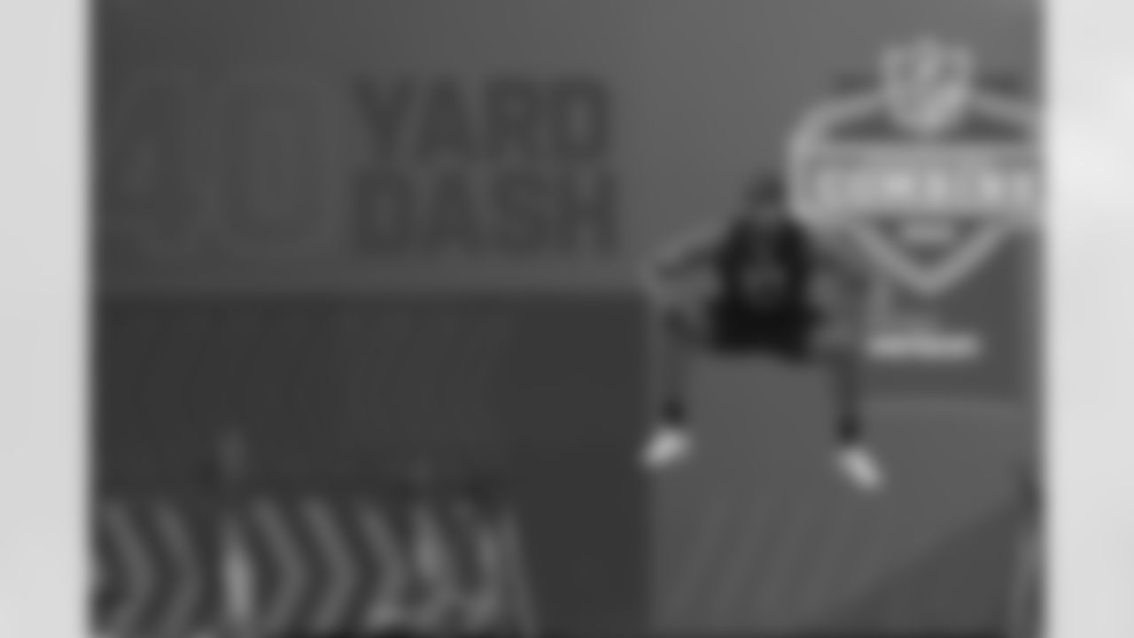Oklahoma defensive lineman Perrion Winfrey jumps before running the 40-yard dash during the NFL football scouting combine, Saturday, March 5, 2022, in Indianapolis. (AP Photo/Darron Cummings)