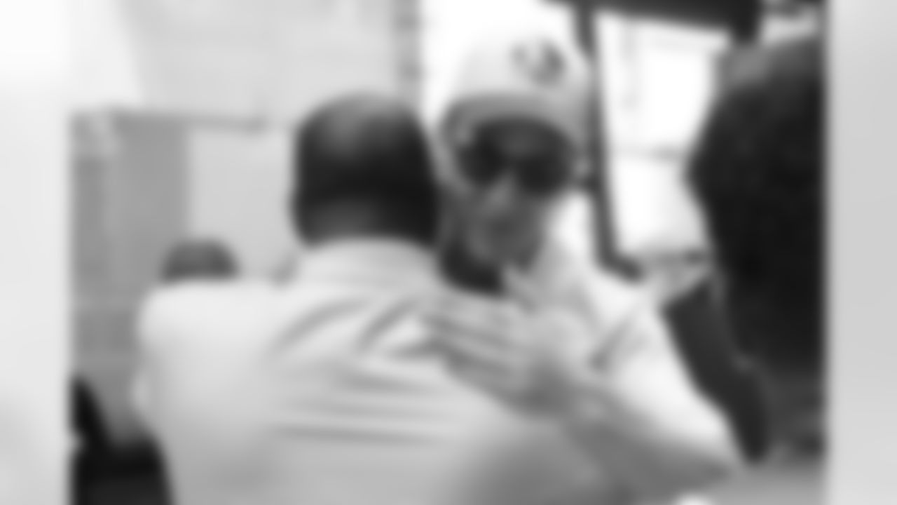 Hall of Fame inductee Darrelle Revis speaks with enshrinee Peyton Manning backstage during the Pro Football Hall of Fame Class of 2023 Enshrinement Ceremony on Saturday, August 5, 2023 in Canton, Ohio. (Ben Liebenberg/NFL)