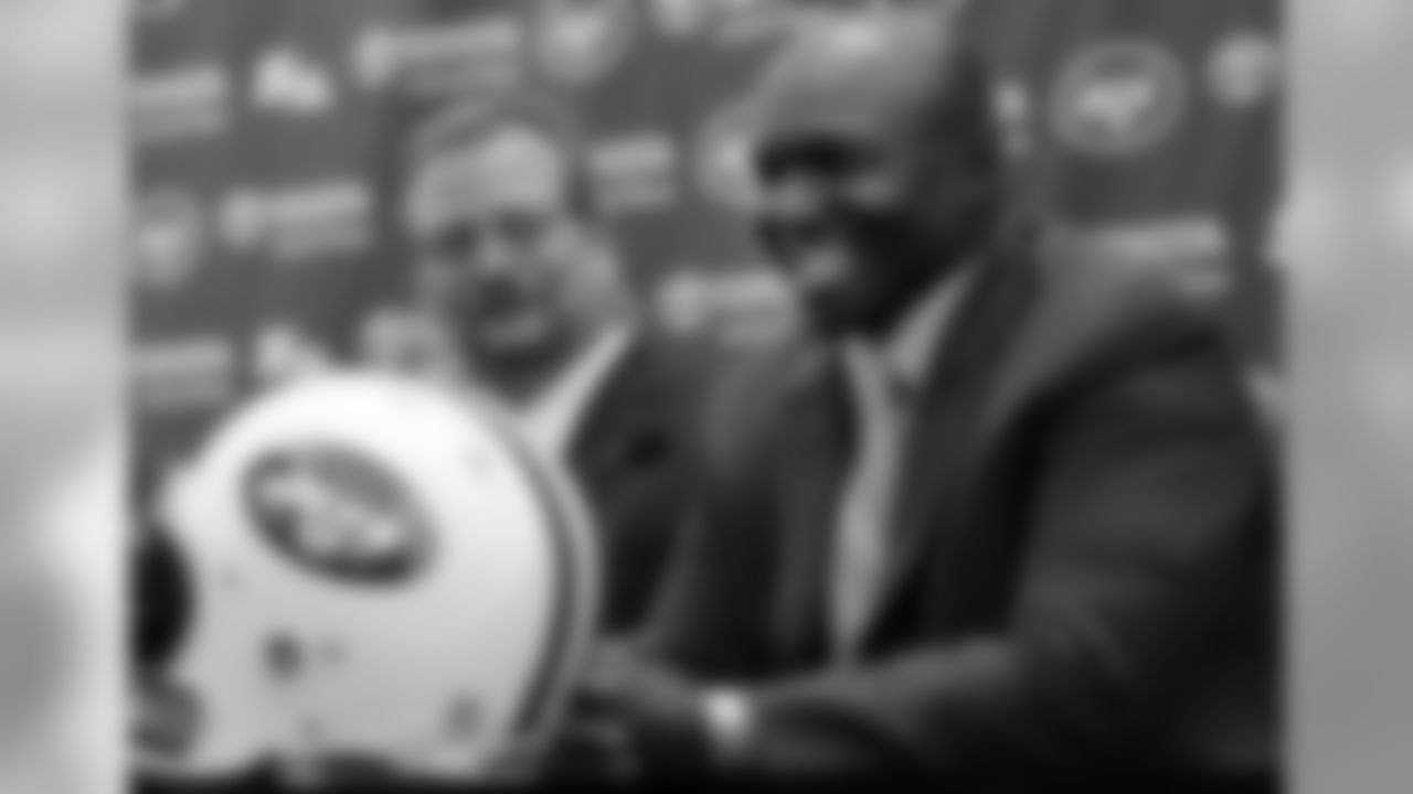 Todd Bowles (with GM Mike Maccagnan) meeting Jets reporters Jan. 21 for the first time since being named the franchise's 18th head coach.